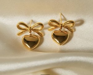 Gold Bow Heart Drop Earrings