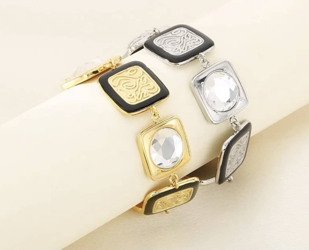 Gold & Black Enamel Square Crystal Link Bracelet