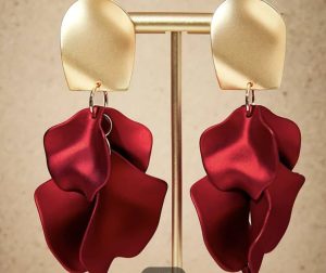 Gold Abstract Petal Drop Earrings in Red Satin