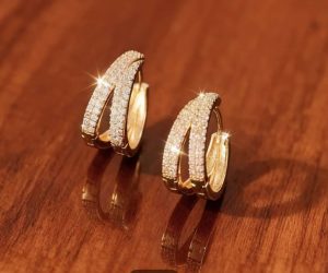Double Row Full CZ Pavé Gold Huggie Hoops