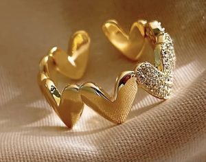 18K Gold Heart Wave Open Cuff Ring with CZ Accents