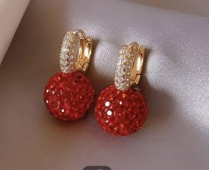 Gold Huggie Hoops with Red Crystal Ball Drops