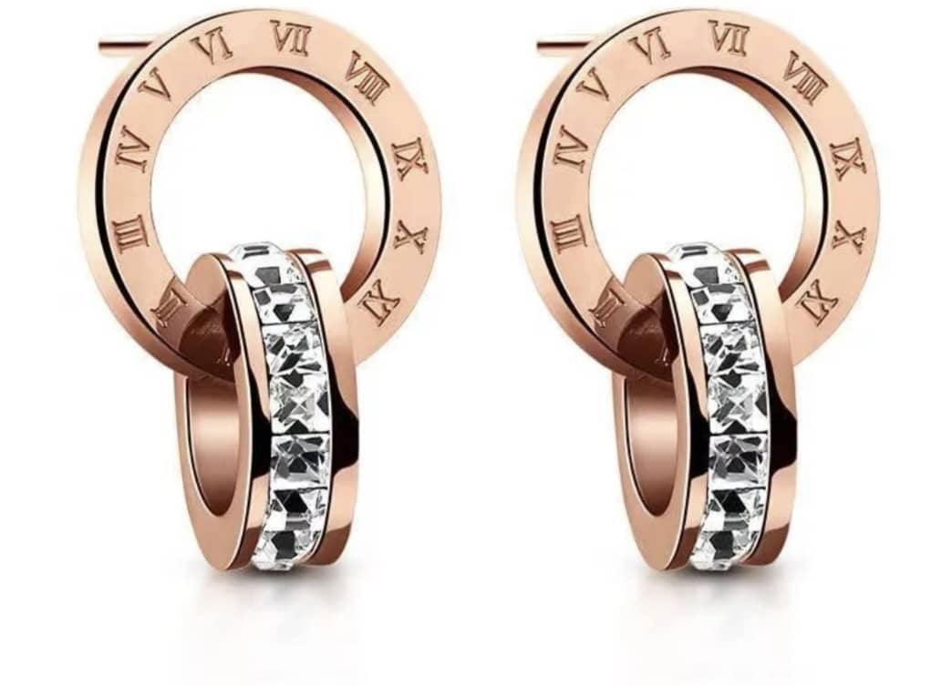 Rose Gold Roman Numeral Interlocking Circle Earrings