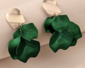 Silver & Green Satin Petal Cluster Drop Earrings
