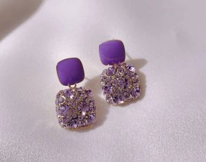Purple Gem & Rhinestone Square Drop Earrings