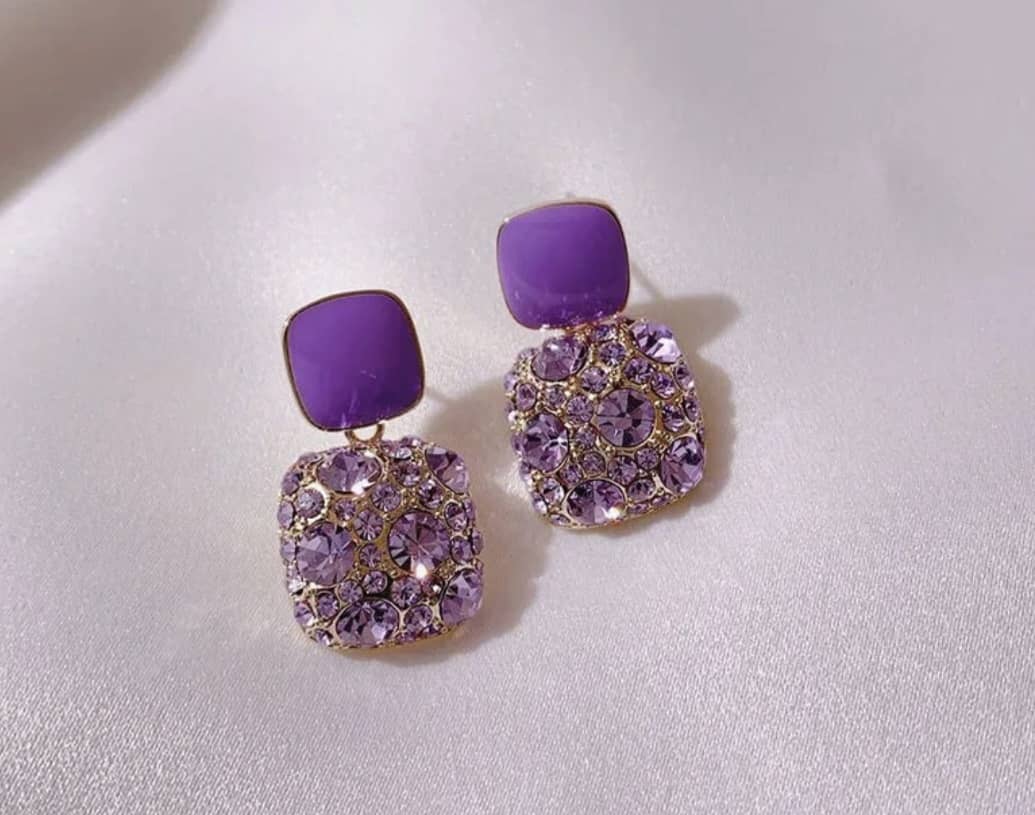 Purple Gem & Rhinestone Square Drop Earrings