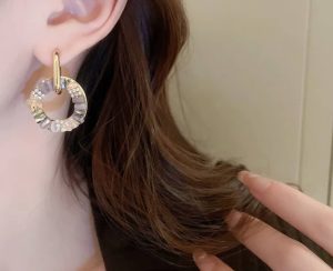 Gold Hoop Earrings with Iridescent Crystal Circle Drop