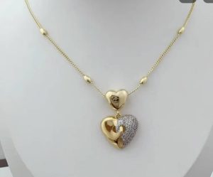 18K Gold Double Heart CZ Pavé Pendant Necklace