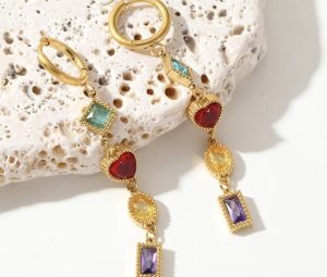 Gold Hoop Dangle Earrings with Colorful Gem Charms