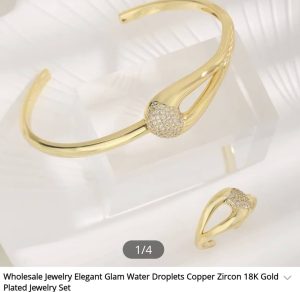 18K Gold Plated Open Cuff Bracelet & Ring Set with CZ Droplet Accent