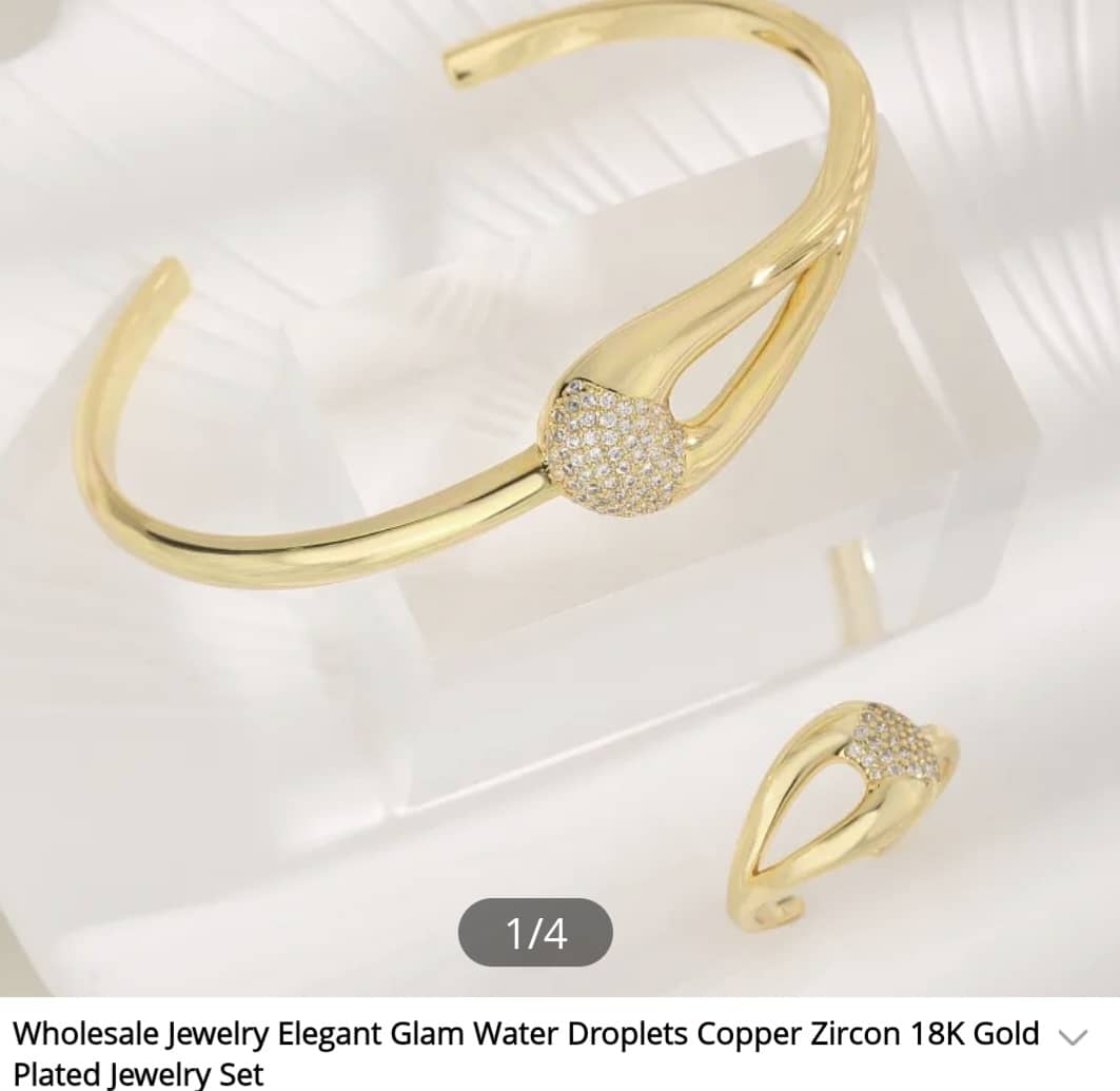 18K Gold Plated Open Cuff Bracelet & Ring Set with CZ Droplet Accent