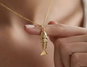 18K Gold Fish Pendant Necklace with Red Gem Eye