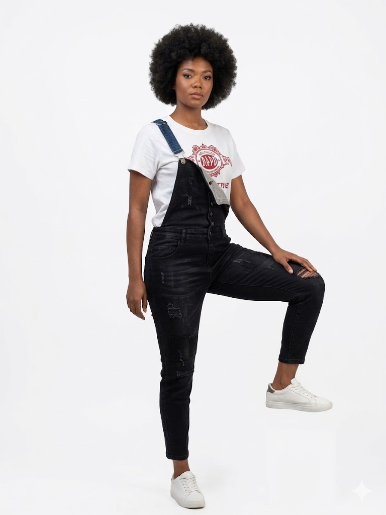 Edgy Black Distressed Denim Dungarees Overalls