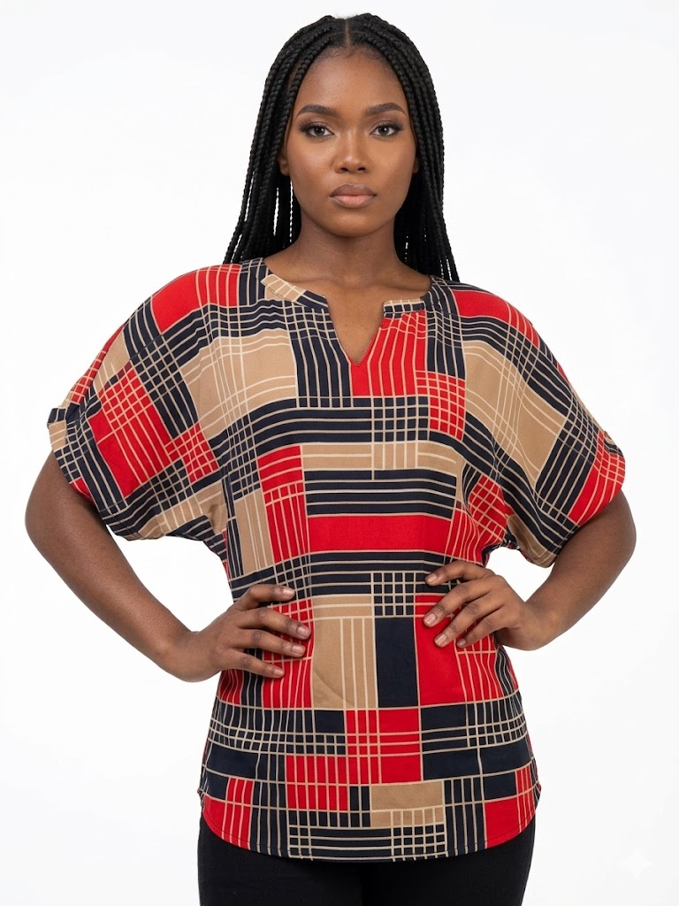 Bold Geometric Plaid Tunic Blouse