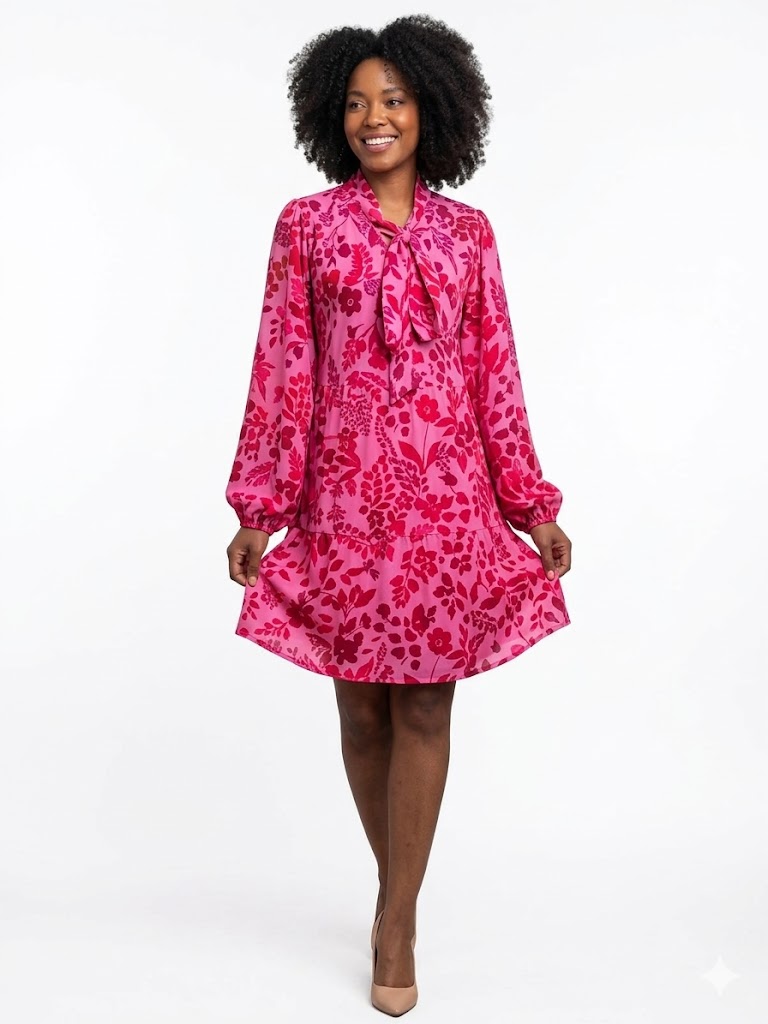 Fuchsia Pussy-Bow Tiered Dress