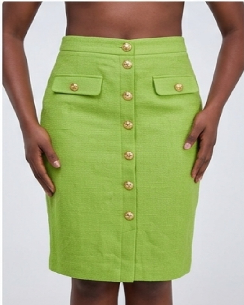 Green Button-Front Pencil Skirt